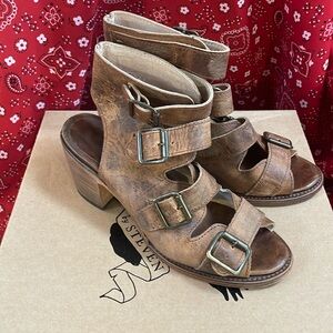 Freebird by Steven Quail Strappy Heeled Sandals Brown Size 8 Leather Stacked Tan
